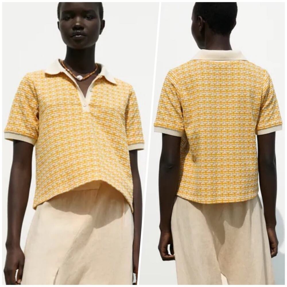 Zara | Women | Yellow Jacquard Texture Knit Cropped Polo Top | Size Small - Picture 8 of 9